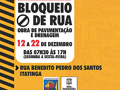 Prefeitura prorroga prazo de interdição da Rua Benedito Pedro dos Santos no Itatinga para conclusão das obras de drenagem e pavimentação