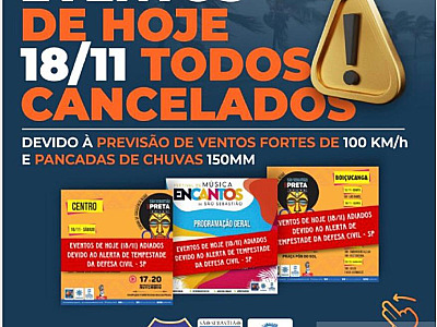 Com previsão de chuva, S.S atende recomendação da Defesa Civil do estado e cancela eventos deste sábado