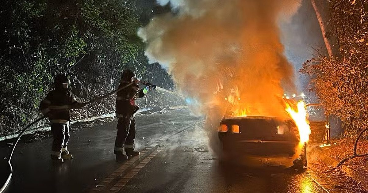 Carro fica destruído após pegar fogo em São Sebastião
