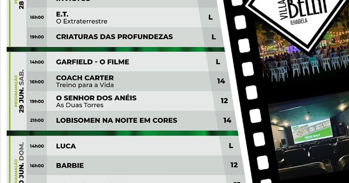 Programação do Cine Villa Bella & Clube de Ilhabela para o fim de semana é divulgada