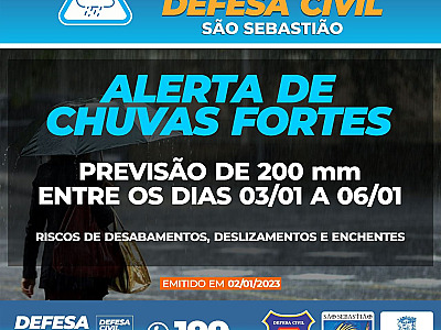 Prefeitura de São Sebastião alerta para chuvas intensas e ventos fortes entre terça (3) e sexta-feira (6)