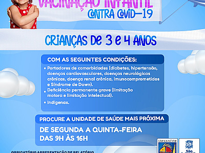São Sebastião inicia vacinação contra a Covid-19 para crianças de 3 e 4 anos com comorbidades, deficiências e indígenas