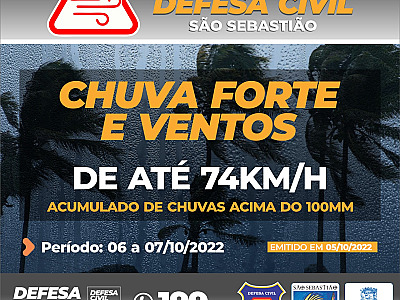 Prefeitura de São Sebastião alerta para chuva forte e ventos de até 74km/h entre hoje (6) e amanhã (7)