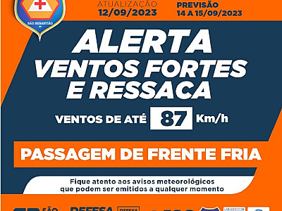 Defesa Civil e Marinha alertam para rajadas de vento de até 87 km/h e ressaca