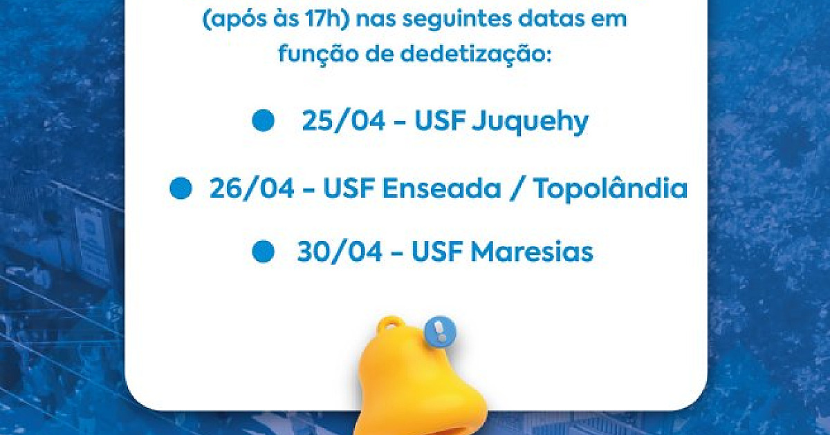 Três USFs Sentinelas não realizam horário estendido em função de dedetização em dias específicos desta semana