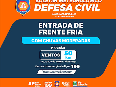 Defesa Civil de São Sebastião emite alerta para chegada de frente fria